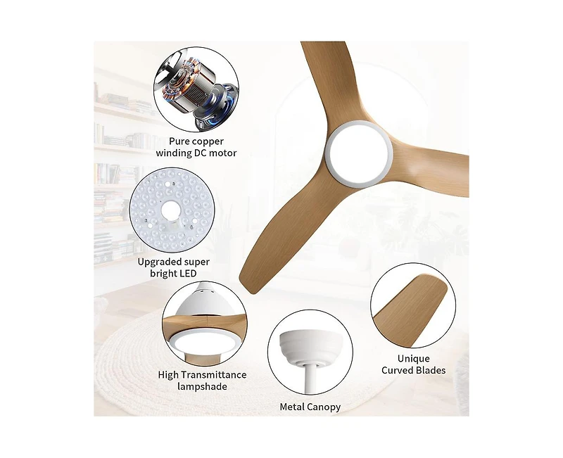 Sofucor 52-inch Modern White 3-Blade Ceiling Fan with Led Light and Remote Control