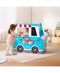 Mecale Ice Cream Cart for Kids, 20+ Pcs Wooden Playset with Steering Wheel, Chalkboard, Scanner, Faucet & Freezer, Pretend Toy for 3-7