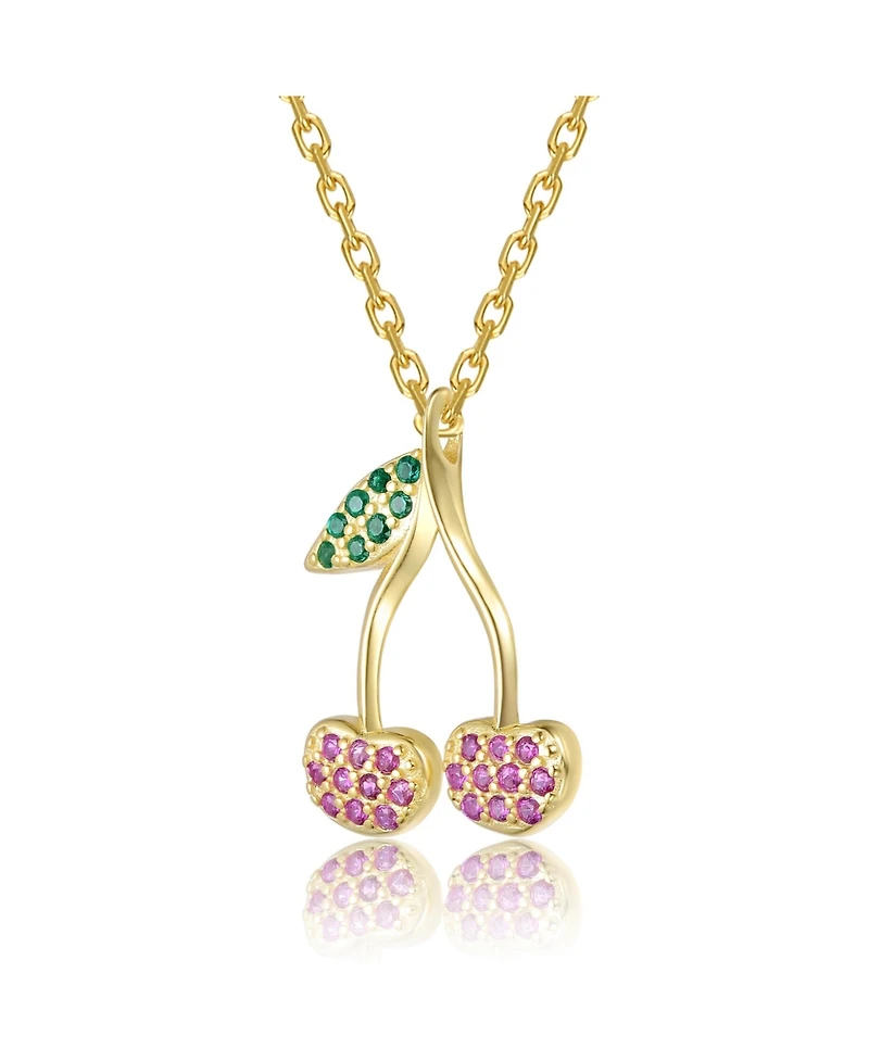 14K Gold Plated with Pink and Green Cubic Zirconia Cherry Blossom Necklace