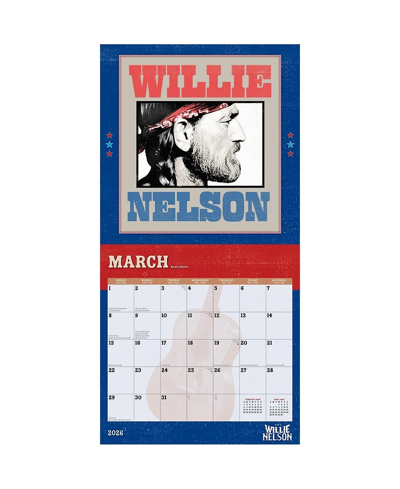 BrownTrout Willie Nelson Official 2026 12 x 24 Inch (Hanging) Monthly Square Wall Calendar Plastic-Free
