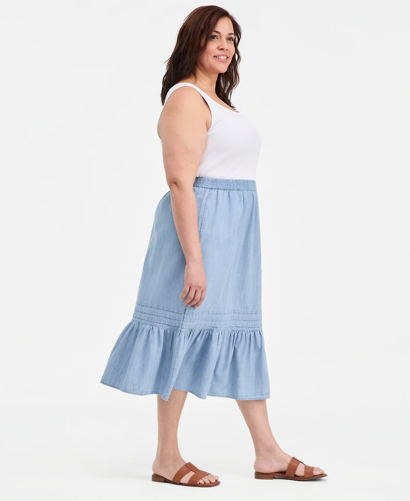 Style & Co Plus Size Cotton Chambray Pintucked Pull-On Skirt, Macy's Exclusive