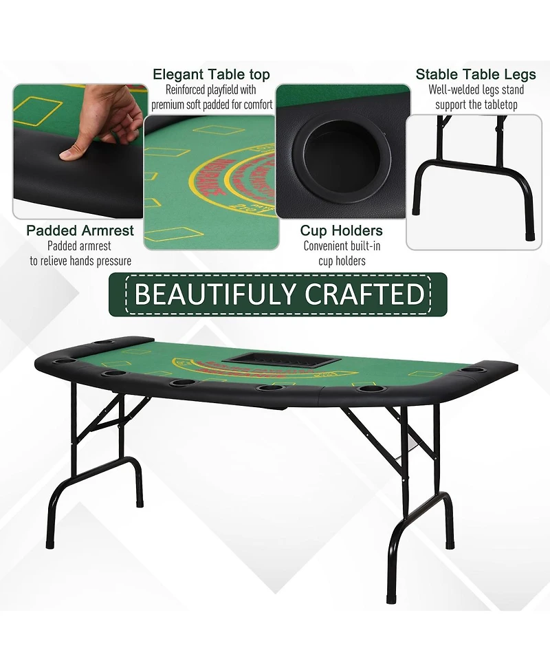 Rbied 72" Foldable Poker Table for 7 Players with Chip Tray and Cup Holders, Blue Mdf Blackjack Card Table with Padded Rails for Game Room-Rbied