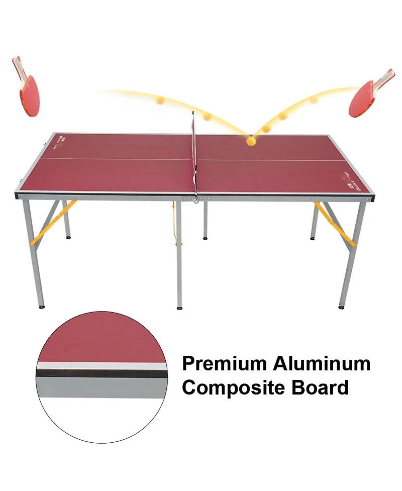 Rbied 6FT Foldable Red Mdf Ping Pong Table, Portable Table Tennis Table for Indoor Outdoor, Ping Pong Table Set with Net Paddles Balls