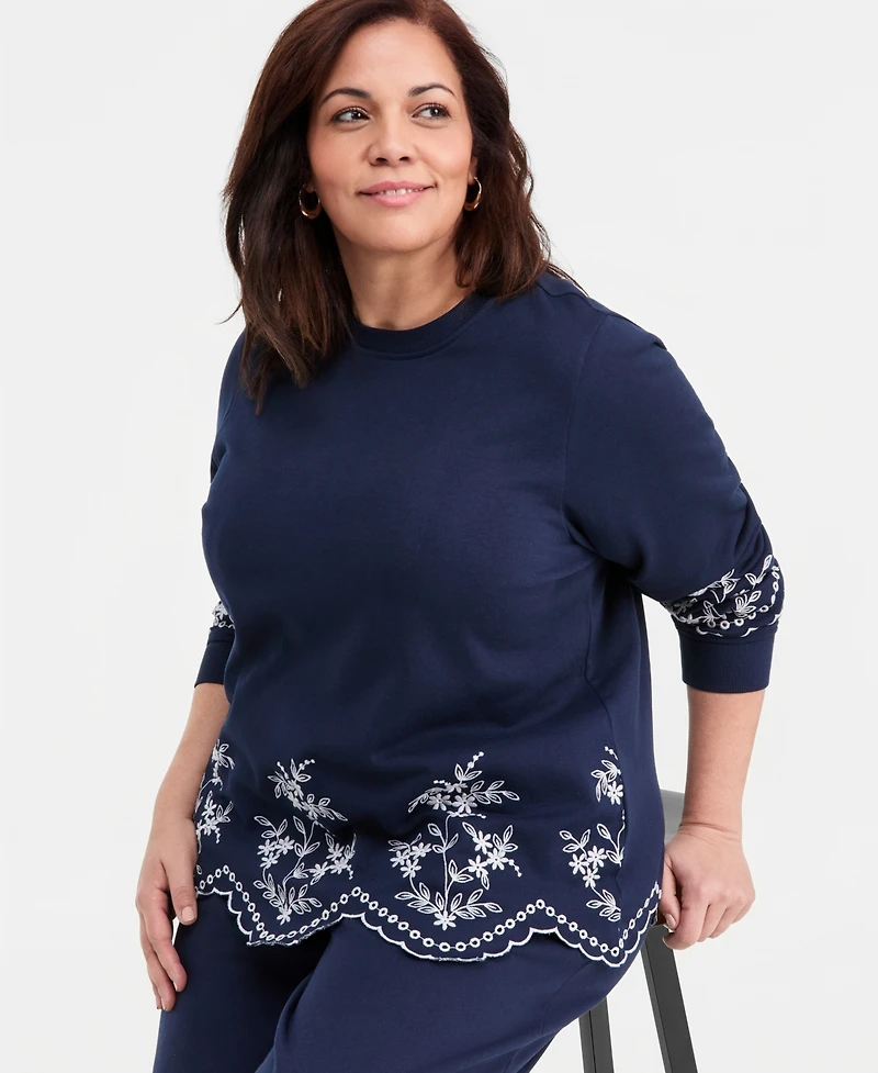 Style & Co Plus Long-Sleeve Scalloped Eyelet Crewneck Sweatshirt, Macy's Exclusive