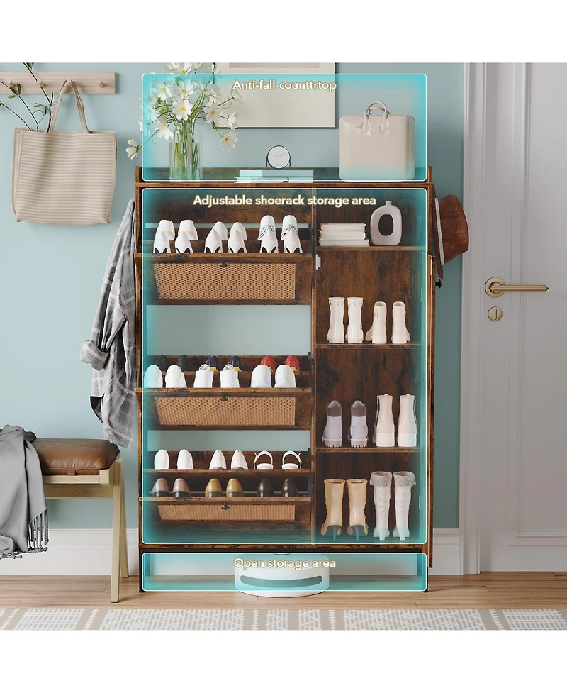 Rattan Shoe Storage Cabinet with 3 Flip Drawers, Freestanding Organizer with Adjustable Shelves for Entryway, Shoe Rack Cabinet for Hallway