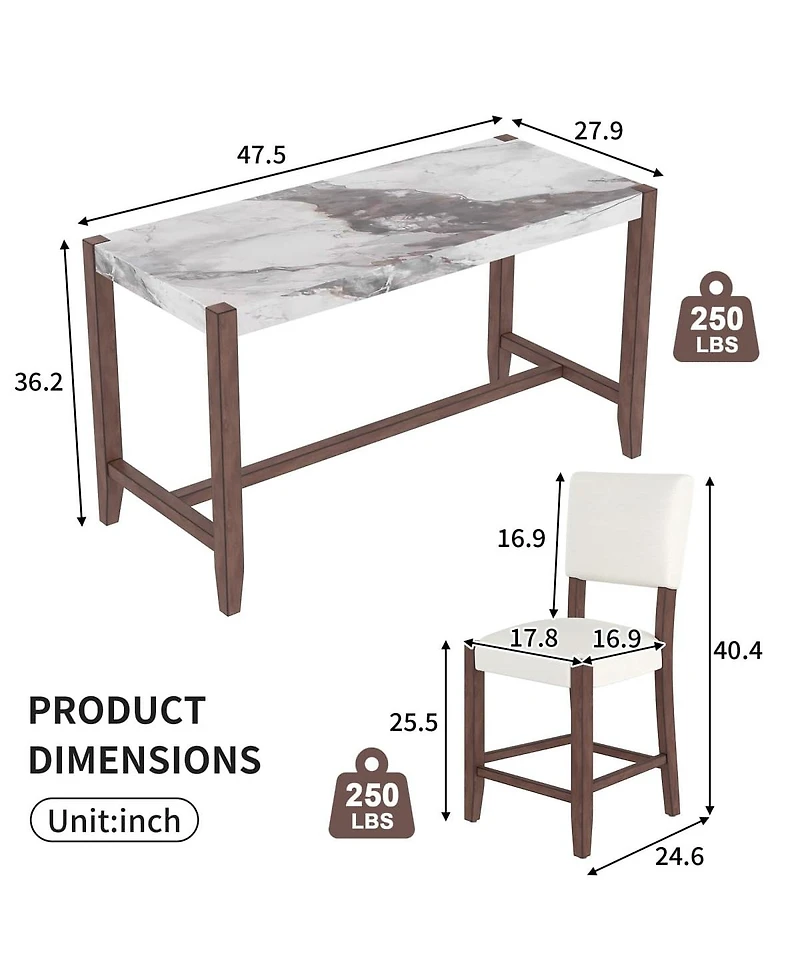 5-Piece Counter Height Dining Set, Faux Marble Table and 4 Upholstered Chairs for Small Spaces or Dining Room-Maison Boucle
