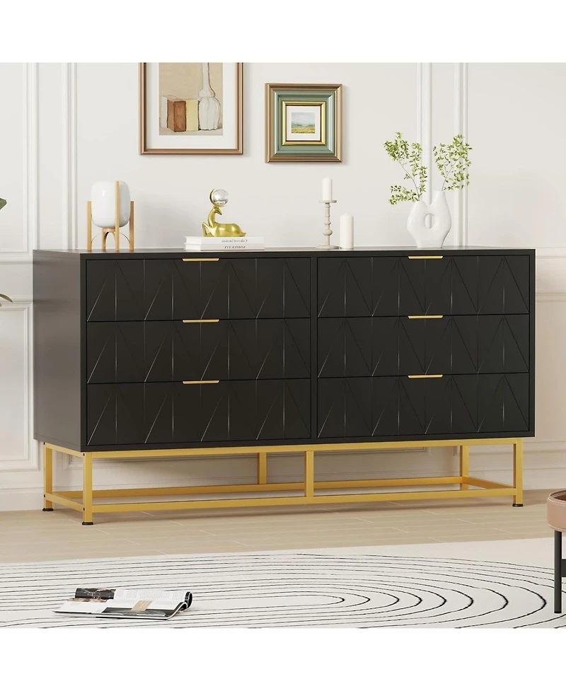 gaomon Modern White 6-Drawer Dresser with Gold Handles, Large Wooden Storage Cabinet for Bedroom, Living Room, Hallway, Entryway