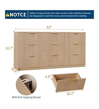 9 Drawer Fluted Dresser for Bedroom, 55" Wide Modern Chest of Drawers with Metal Handle, Fluted Wood Tv Stand, Modern Large Dresser, Natural Colo