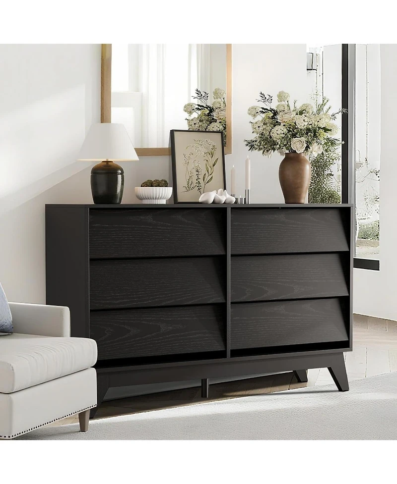 Gaomon Fluted 6-Drawer Dresser With Faux Marble Top, Modern Curved Tv Stand,Sturdy Storage Cabinet for TVs Up to 55"