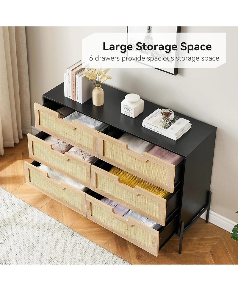 Gaomon 6-Drawer Rattan Dresser, Natural Woven Fronts with Solid Metal Legs