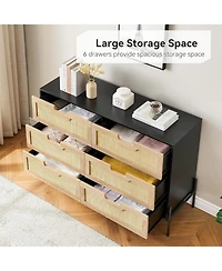Gaomon 6-Drawer Rattan Dresser, Natural Woven Fronts with Solid Metal Legs