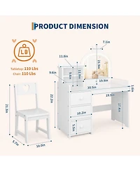 gaomon Kids Vanity Desk with Mirror and Lights, Wooden Makeup Vanity with Chair, Storage Shelves and Drawers, 2-in-1 Girls Dressing Table