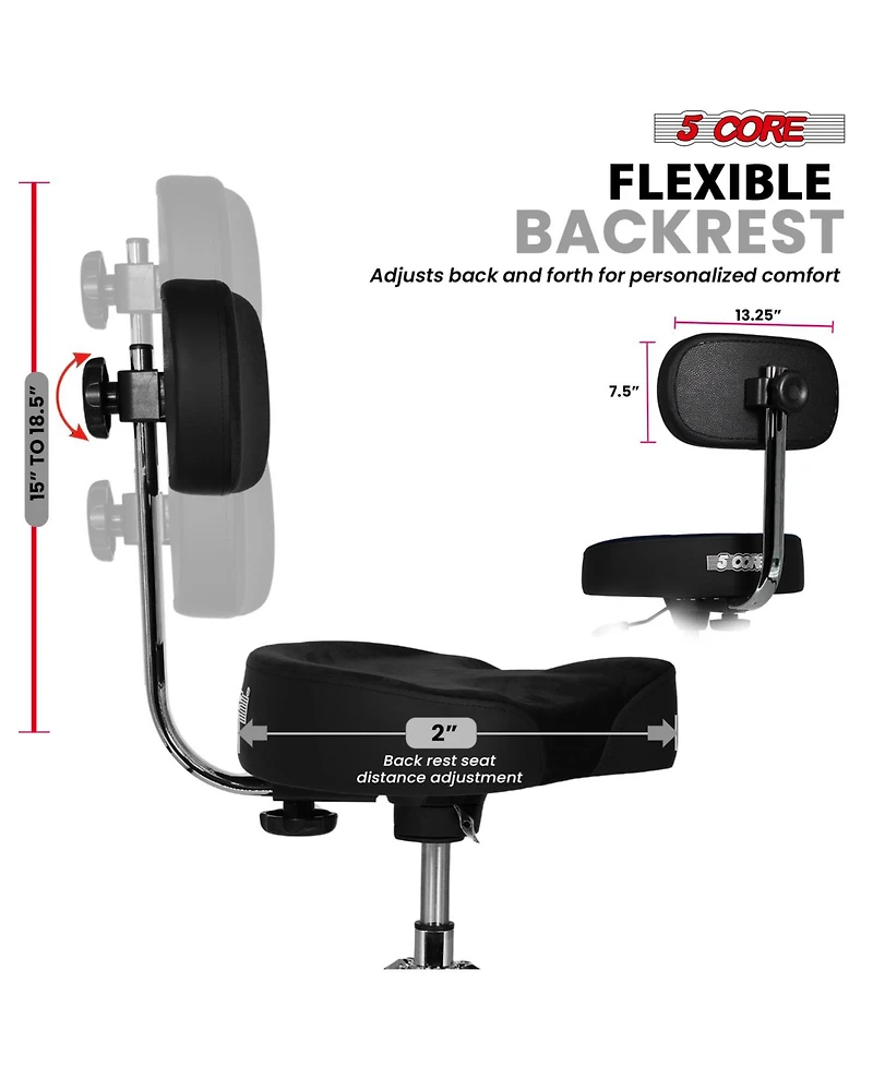 5 Core Drum Throne w Backrest 4" Padded Stool Airlift 25" Adjustable Drummer 441Lb Capacity
