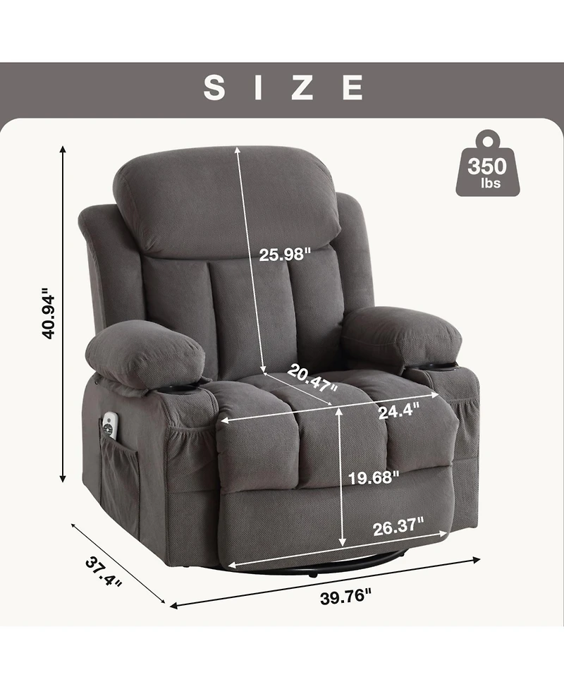 Streamdale Furniture Heated Massage Recliner Sofa w/ Usb & Cup Holders (Grey)