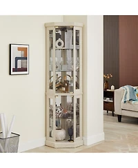 Lovmor Elegant Corner Curio Cabinet with Glass Doors Mirrored Panels and Adjustable Shelves