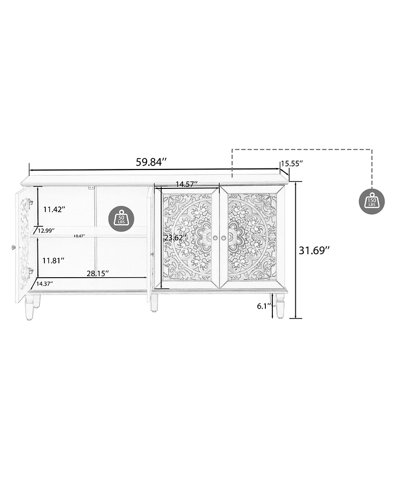 Streamdale Furniture 60" Antique Black Buffet Cabinet - Floral Carvings, Solid Wood Legs