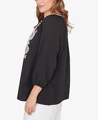 Ruby Rd. Plus Embroidered Soft Poplin Peasant 3/4 sleeves Top