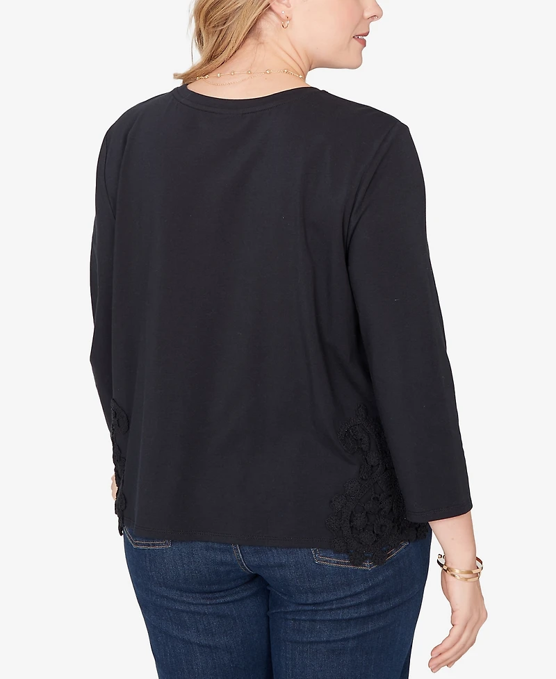 Ruby Rd. Plus Crochet Crew Neck Applique Stretch Knit Top