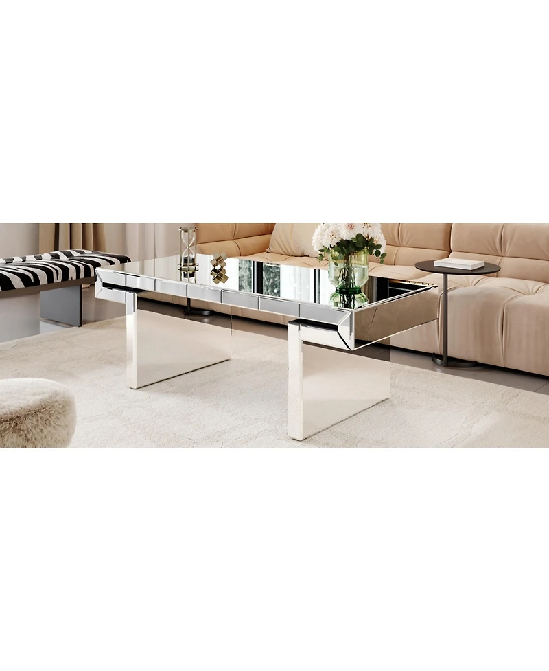 Lovmor 47 Inches Luxury Rectangular Mirror Coffee Table with Fluted Tempered Glass, Modern Sofa Side Table, Easy 2-Step Assembly