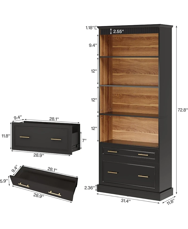 Tribesigns 2-Drawer Vertical File Cabinet, Modern Black Filing Cabinet with 5-Tier Bookshelf, Large Printer Stand