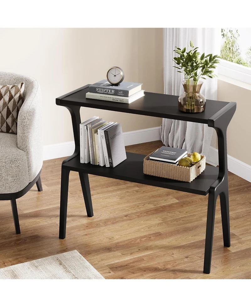 Tribesigns Solid Wood End Table, 2-Tier Modern Slim Couch Side Table with Storage Shelves, Black