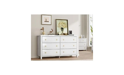 gaomon White 54 Inch Wide Wooden Chest of Dresser with 6 Drawers and Large Clothes Storage Space For Nursery Living Room Hallway and Bedroom