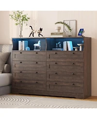 gaomon Dresser with 8 Drawers Wood Bedroom Dresser with Charging Station and Led Lights Large Modern Chest of Drawers for Bedroom Living Room Hallway
