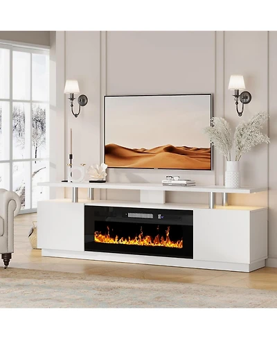 Gaomon 80" Tv Stand with 36" Electric Fireplace, 12 Flame Colors, Glass Shelves, Storage Cabinets, White Finish