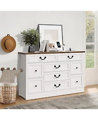 gaomon 9 Farmhouse Dresser with Charging Station & Metal Handle, Wooden Tv Stand with Dressers, 9 Drawer Dressers for Bedroom Living Room Enterway