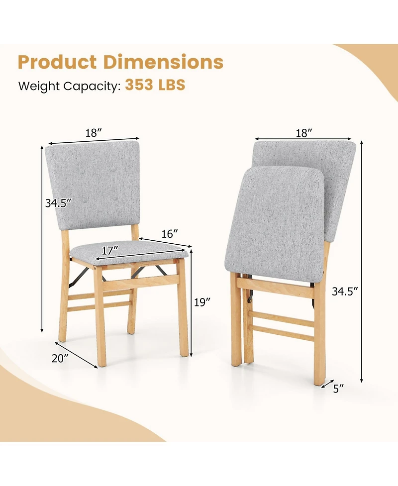 Gymax Foldable Dining Chair Set of w/Padded Seat & Tilt Backrest Rubber Wood Legs
