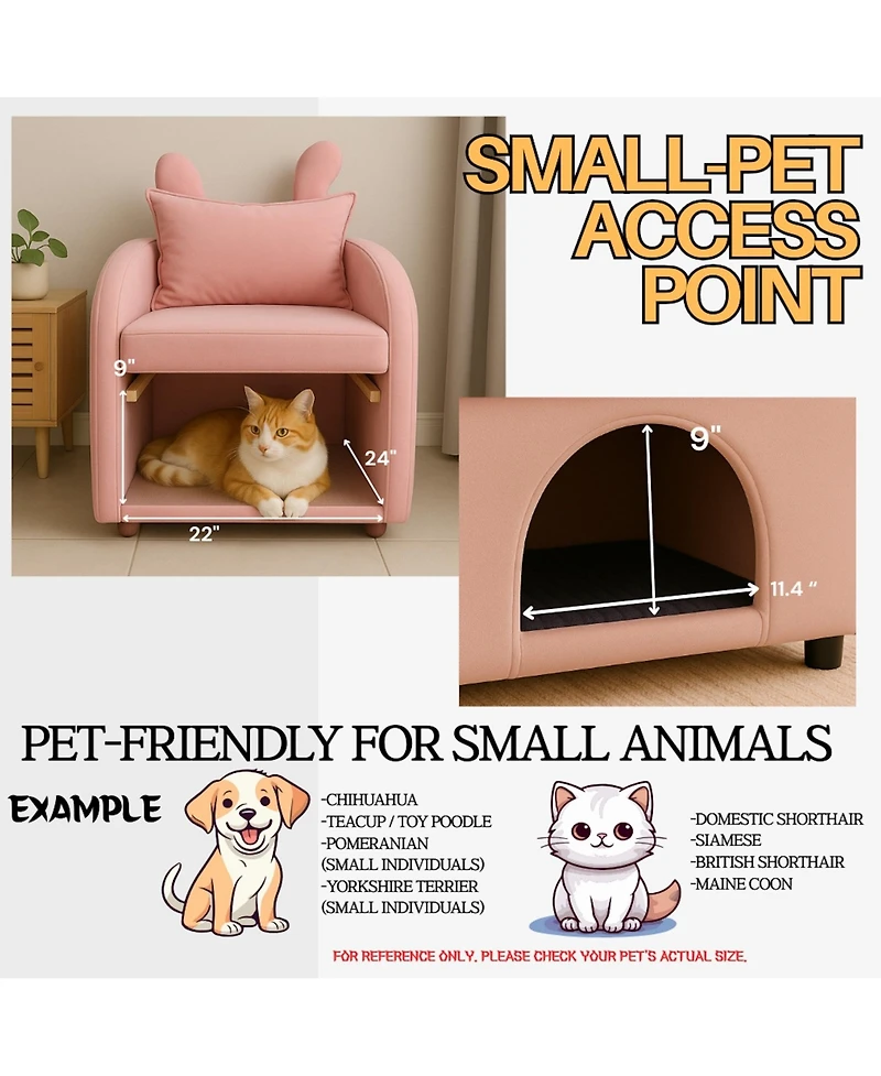 Boyel Living Velvet Pink Bunny-Ear Pet-Friendly Armchair with Built-in Cat & Dog Hideaway, Plush Dual-Use Sofa Chair