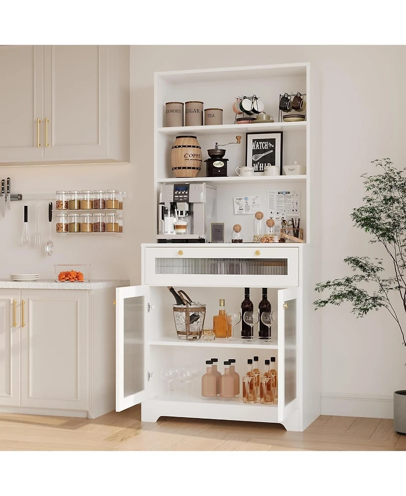 gaomon Kitchen Pantry Cabinet,62 Inch Freestanding Hutch Cupboard with Large Countertop,Glass Doors, Drawer and Adjustable Shelves