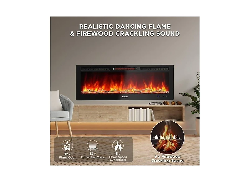 Gaomon 80" Recessed & Wall Mounted Electric Fireplace Heater, WiFi Remote, Multicolor Flame, 750-1500W for Living Room