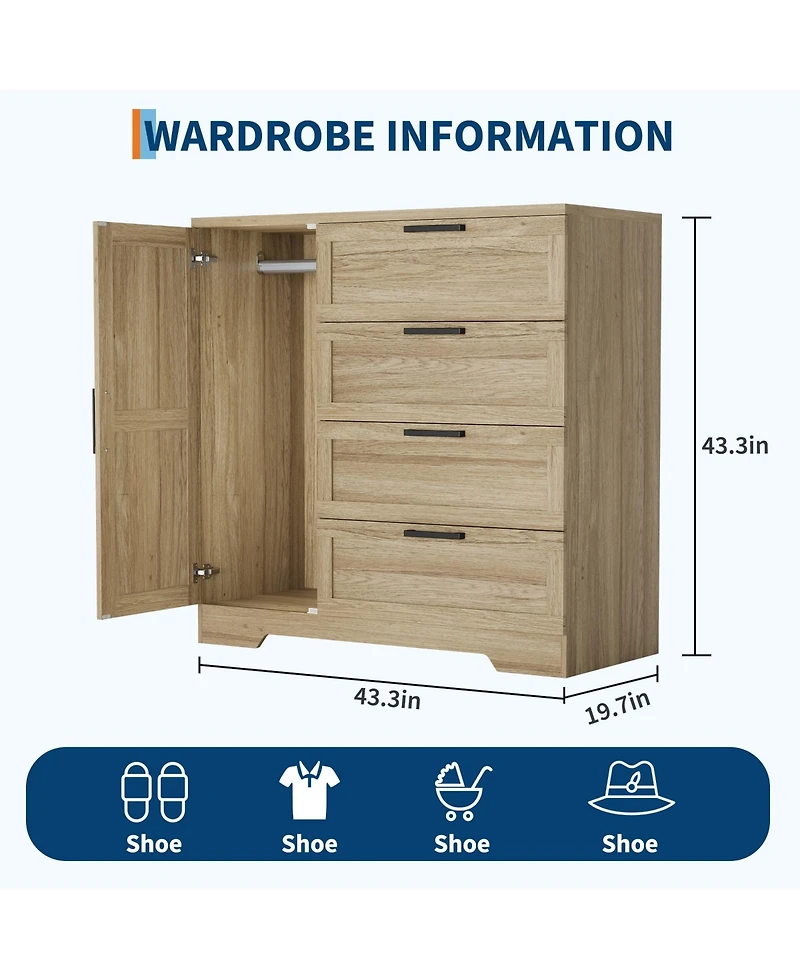 gaomon 43.3'' Small Wardrobe Closet, Wardrobe Cabinet with Door, 4 Drawers and Handing Rod, Wooden Clothes Cabinet 4 Drawer Dresser