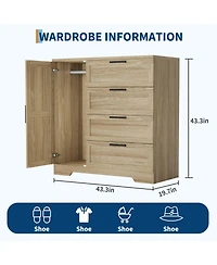 gaomon 43.3'' Small Wardrobe Closet, Wardrobe Cabinet with Door, 4 Drawers and Handing Rod, Wooden Clothes Cabinet 4 Drawer Dresser