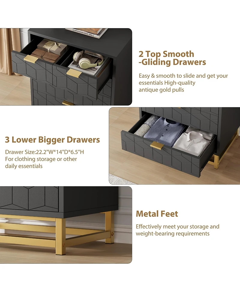 Gaomon 5 Drawer Dresser for Bedroom, Chest of Drawers with Metal Base, Modern Cabinet Organizer