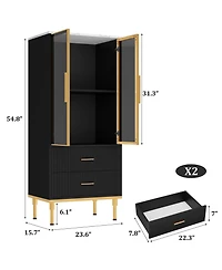 Gaomon Fluted Storage Cabinet with Glass Door and 2 Drawers, Modern Display Storage Cabinet