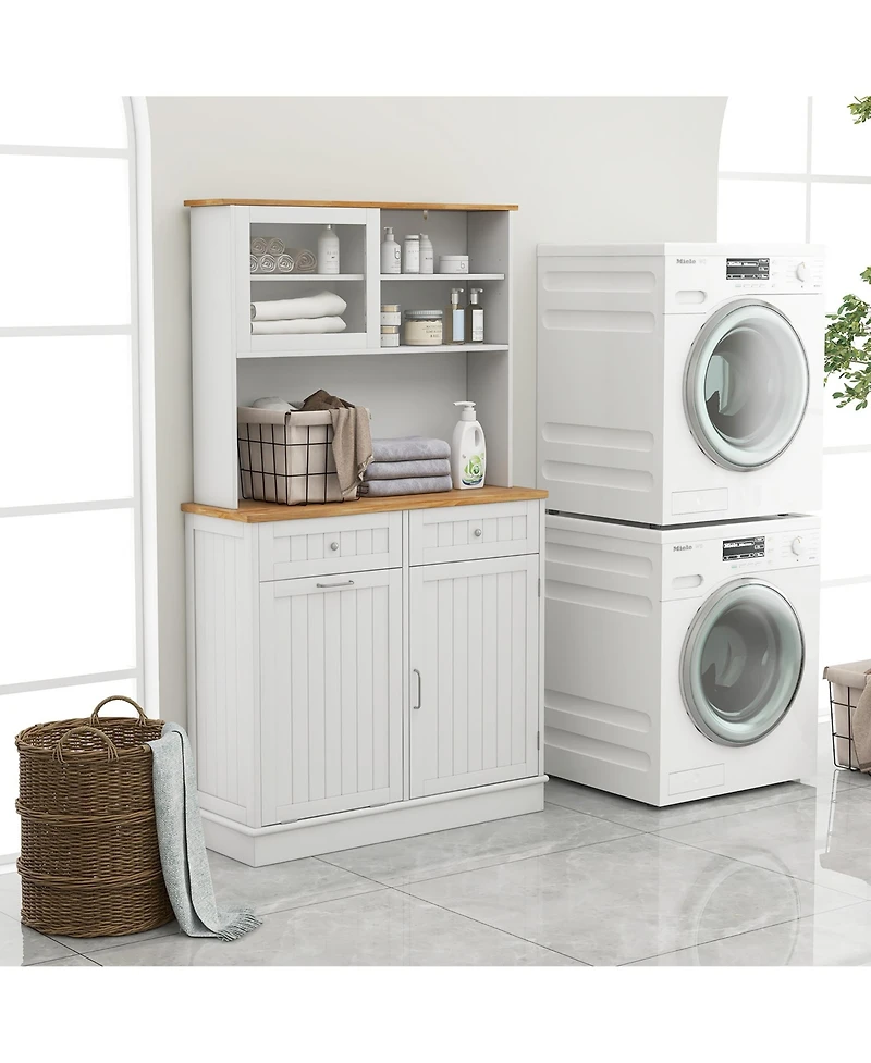 Gymax Double Tilt Out Trash Cabinet w/ Hutch Kitchen Pantry Storage Cabinet