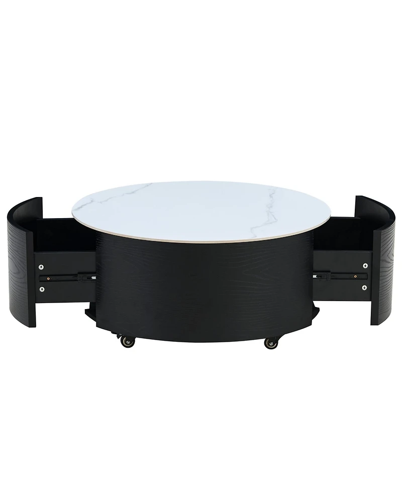 Boyel Living Modern Round Movable Coffee Table with Casters, 2 Drawers, Marble Pattern Sintered Stone Top