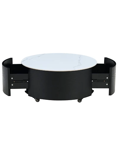 Boyel Living Modern Round Movable Coffee Table with Casters, 2 Drawers, Marble Pattern Sintered Stone Top