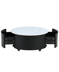 Boyel Living Modern Round Movable Coffee Table with Casters, 2 Drawers, Marble Pattern Sintered Stone Top