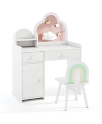 Costway Kids Vanity Table and Chair Set with Cloud-shaped Mirror Open Shelf Storage Drawers