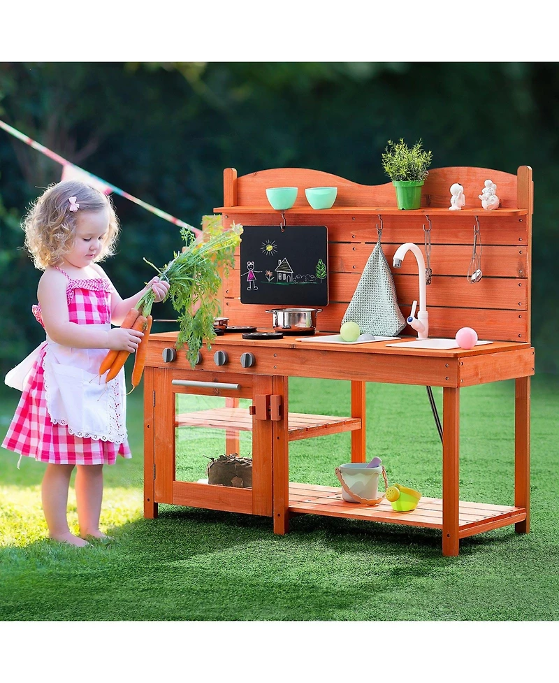 Hongge Wooden Outdoor Mud Kitchen for Kids with Sink Stove and Pots