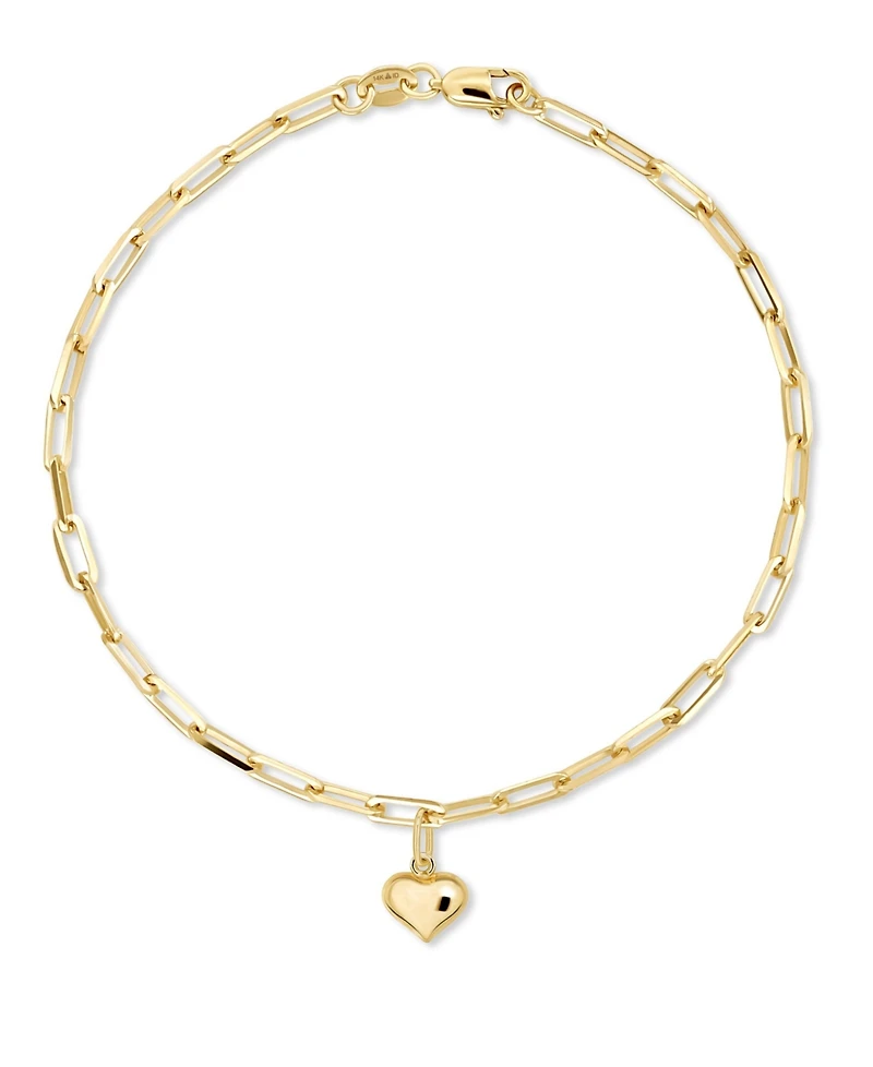 Devata Sweet Heart Charm with Paperclip Chain Bracelet in 14K Gold, 7.5in, approx. 2.6 grams.