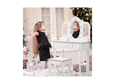 gaomon Kids Vanity with Lighted Mirror, Little Girls Vanity Table & Stool, Kids Makeup with Tri-Fold Mirror, Drawer & Storage Grid for 3-9 Yrs Girls