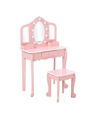 gaomon Kids Vanity with Lighted Mirror, Little Girls Table & Stool, Makeup Tri-Fold Drawer Storage Grid for 3-9 Yrs
