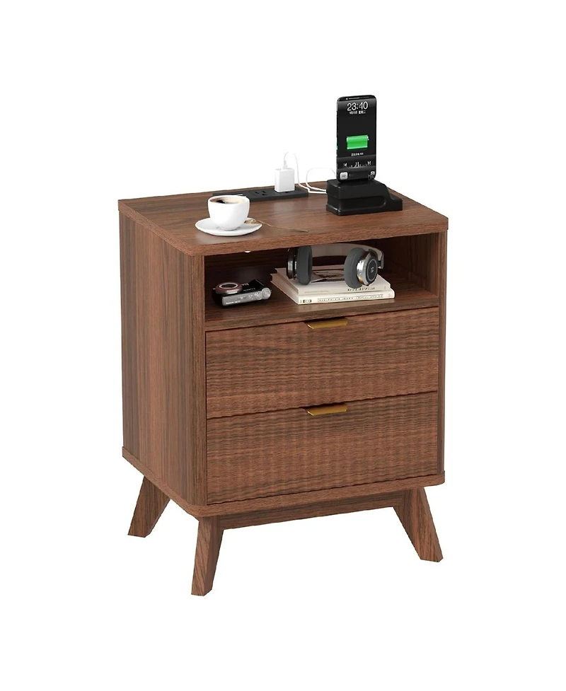 gaomon 1pc Modern Usb Charging Station & Outlets, 2 Drawers and Open Shelf, Natural Oak Wood Fluted Nightstand Bedside End Table