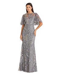 Mac Duggal Women's High Neck Flutter Sleeve Floral Embroidered Gown