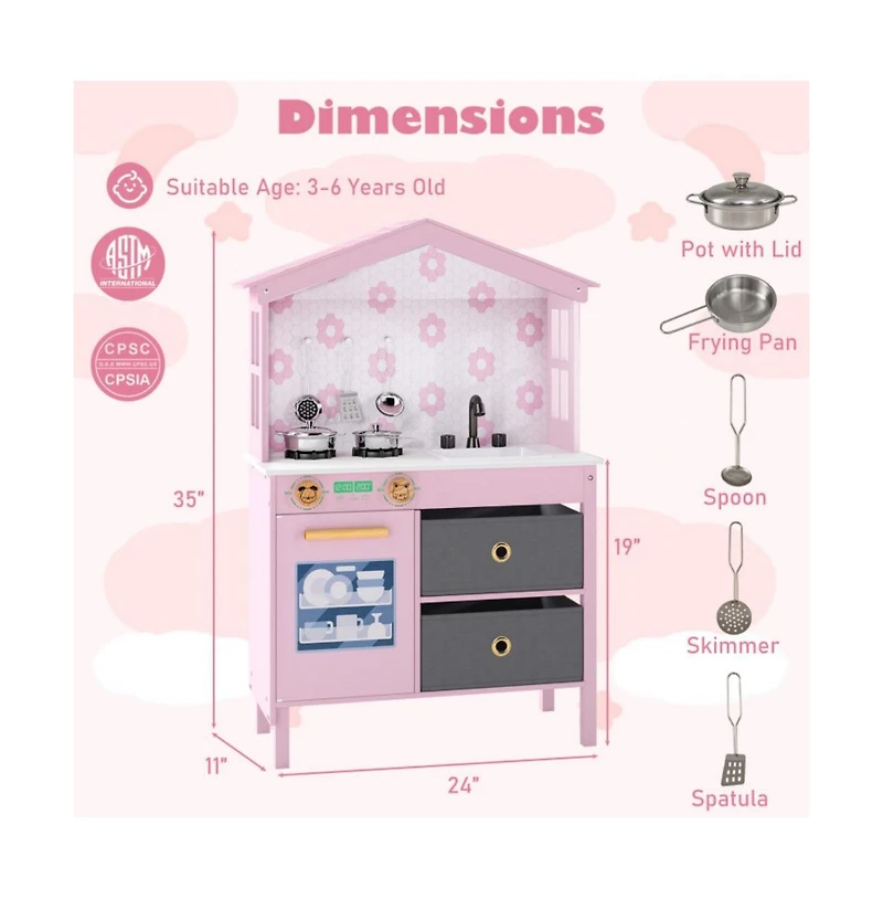 Hongge Kids Play Kitchen with Dual Stoves and Turning Knobs