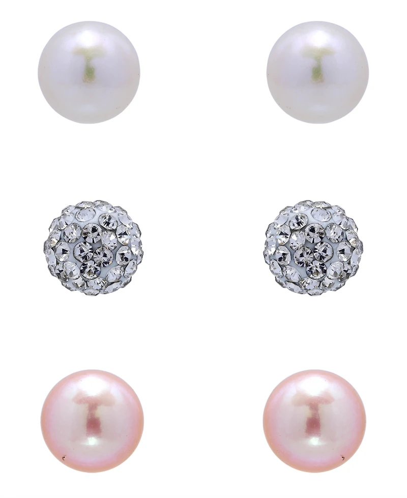 Giani Bernini White and Pink Freshwater Pearl Button and Clear Crystal Fireball Stud Earrings Set